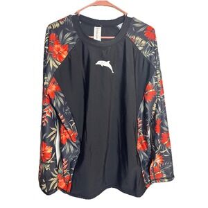 NWT‎ HALCURT Women's 1X Long Sleeve Rash Guard Swim Shirt Floral Print UPF Black